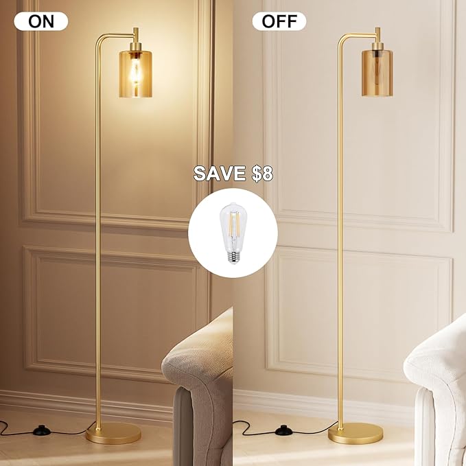 Floor Lamps for Living Room - Gold Standing Lamp with Amber Glass Shade, Modern Floor Lamp with LED Bulbs, Bright Industrial Floor Lamp for Bedroom, Farmhouse Tall Lamp for Office