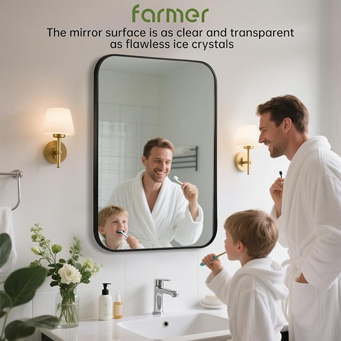 FARMER 24x36 Inch Black Bathroom Mirror, Rectangle Vanity Mirror, Brushed Mirrors for Wall, Metal Frame Hanging Mirror with Round Corner for Bedrooms, Entryways, Living Rooms, Horizontal/Vertical