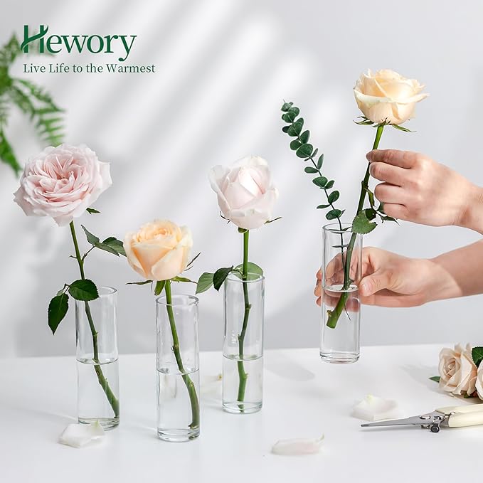 Hewory Cylinder Glass Bud Vases: Set of 12 Small Clear Skinny Single Flower Vase for Centerpieces - Minimalist Bulk Vases for Wedding Birthday Bridal Shower Party Events Table Decor, 5.91"(H)×1.8"(D)