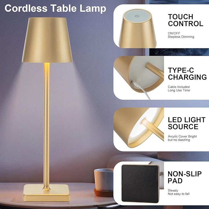 1 Pack Rechargeable Cordless Table Lamps, 5200mAh Battery Touch Table Light, Aluminum Shell Stepless Dimmable Portable LED Desk Lamp for Dinner/Restaurant/Outdoor Gold