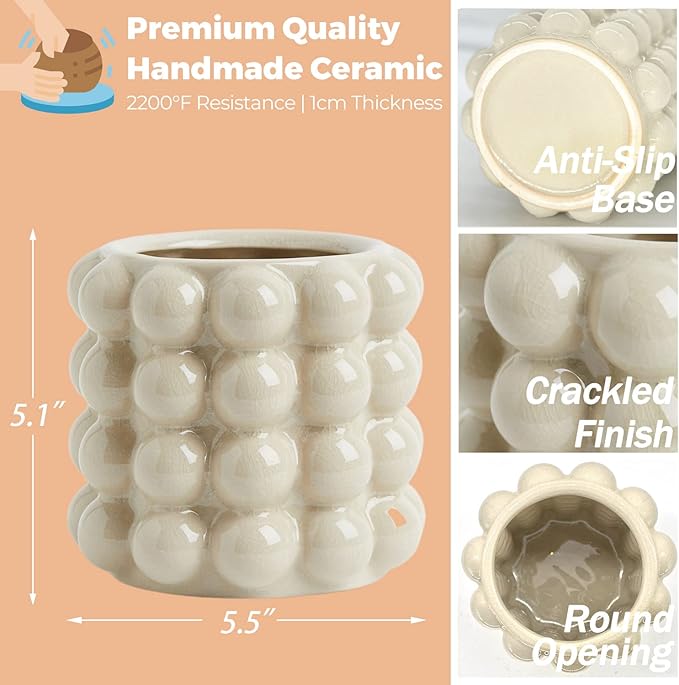 Bubble Vase, Beige Ceramic Vase for Flowers, Short Vases for Boho Decor, Decorative Vases for Flowers, Living Room, Bedroom, Office, Fireplace, Mantel, Coffee Table, 5 Inches