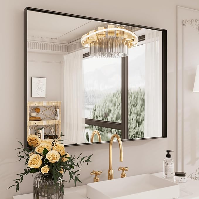 LOAAO Black Bathroom Mirror 30"X36" for Wall, Rectangle Bathroom Vanity Mirror, Tempered Glass, Hangs Vertically or Horizontally, Easy to Install, Modern Design