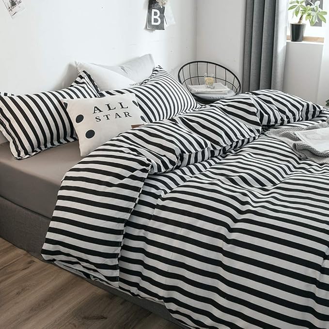 Luxlovery Black and White Comforter Set Queen Men Women Striped Bedding Set Full Farmhouse Ticking Stripes Bedding Blanket Geometric Lines Modern Comforter Set with 2 Pillowcases