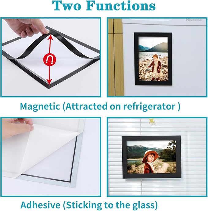 CRUGLA 4x6 Magnetic Picture Frames for Refrigerator 8 Packs, Modified Magnetic Sheet with Self Adhesive Backing, Black 4 by 6 Photo Frame Set for Locker Glass Window Door Cubicle