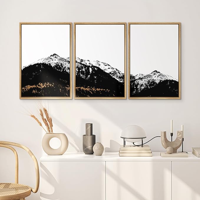 SIGNWIN 3 Piece Framed Canvas Wall Art Black and White Mountain Tops Photo Nature Wilderness Illustrations Abstract Traditional Home Artwork Decoration for Living Room,Bedroom - 16"x24"x3 Natural