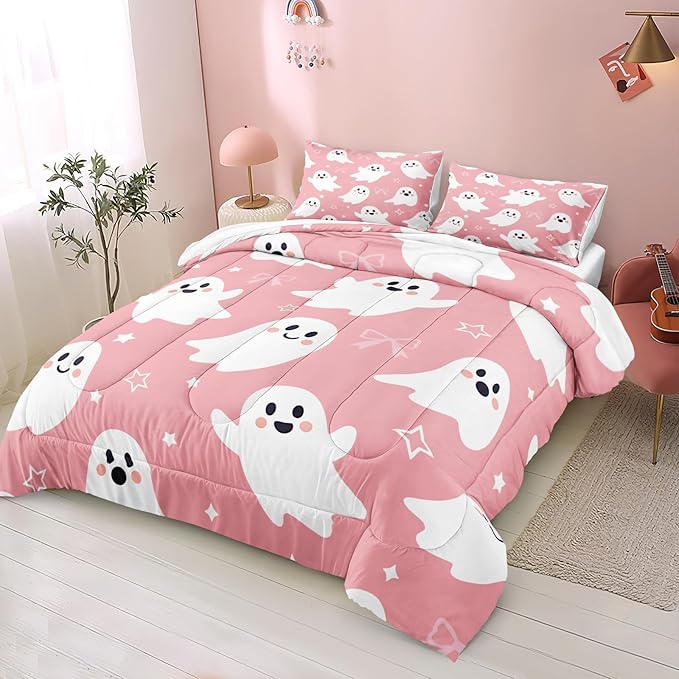 Cartoon Ghost Bedding Set Pink Halloween Comforter Set for Girls Kids Shy Ghost Kawaii Halloween Decor Ghost Festival Theme Pink and White Bedding Comforter Set King Size