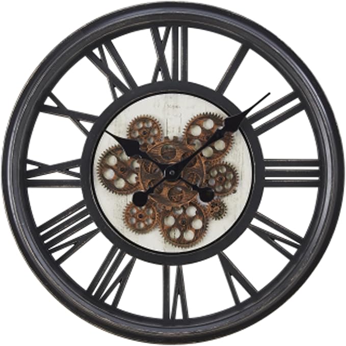 20 Inch Retro Black Wall Clock, Silent Non-Ticking Battery Operated Round Vintage Clock with Moving Gears,Decorative Living Room, Kitchen, Bedroom Decor
