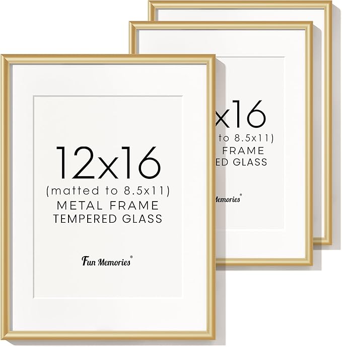 12x16 Picture Frame Gold, Aluminum Picture Frames 12"x16", 12x16 Picture Frame with Mat for 8.5x11, 12 by 16 Frame Real Glass, 12 x 16 Metal Frame for Home Decor
