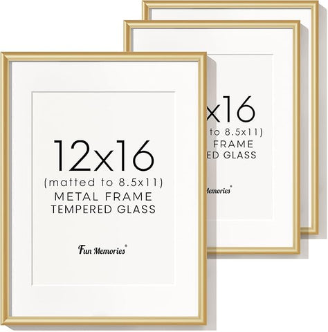 12x16 Picture Frame Gold, Aluminum Picture Frames 12"x16", 12x16 Picture Frame with Mat for 8.5x11, 12 by 16 Frame Real Glass, 12 x 16 Metal Frame for Home Decor