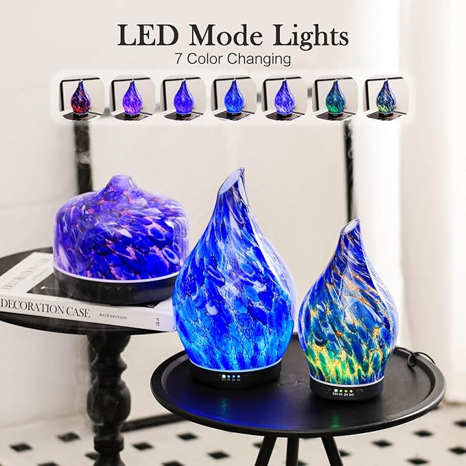 Porseme 150ml Essential Oil Diffuser Glass Color Changing Aroma Air Diffusers Aromatherapy Ultrasonic Cool Mist Humidifier 6 Running Hours Waterless Auto-Off for Sleeping Yoga Office Spa (Deep Blue)