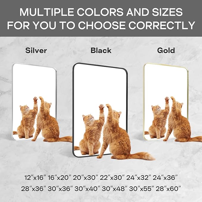 Brushed Nickel Bathroom Wall Mirror, Silver Metal Framed Large Rounded Corner Rectangle Mirror, Tempered Glass, Shatter Proof, Hangs Horizontally or Vertically (40" x 30", Silver)