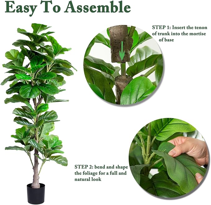 Artificial Fiddle Leaf Fig Tree Indoor, 5FT Tall Faux Tree with Natural Wood Trunk and Lifelike Leaves, Tall Artificial Plants Indoor, Fake Plants for Home, Office, Living Room Decor