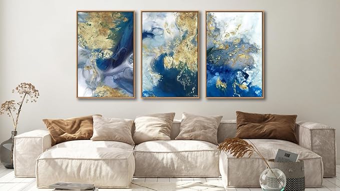 Large Abstract Framed Wall Art - Natural Float Framed Colorful Canvas Pictures Decor Blue Gold White Background Modern Artwork for Bedroom Living Room Kitchen Home Office Decoration 60" X 28" Set of 3