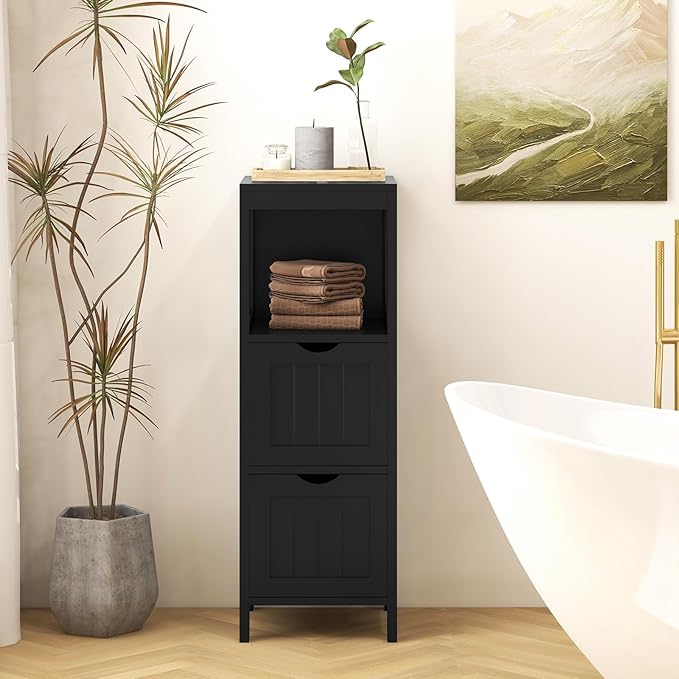 Tangkula Small Bathroom Storage Cabinet with 2 Removable Drawers, Wood Freestanding Floor Cabinet for Bathroom, Anti-Tipping Device, Side Corner Cabinet for Small Spaces (Black)