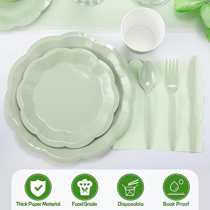 175 Pcs Sage Green Party Plates Cups and Napkins Set, 25 Guest Sage Green Party Supplies Include Scalloped Plate Napkin Cup Forks Knives Disposable Plastic Cutlery for Wedding Baby Shower Birthday