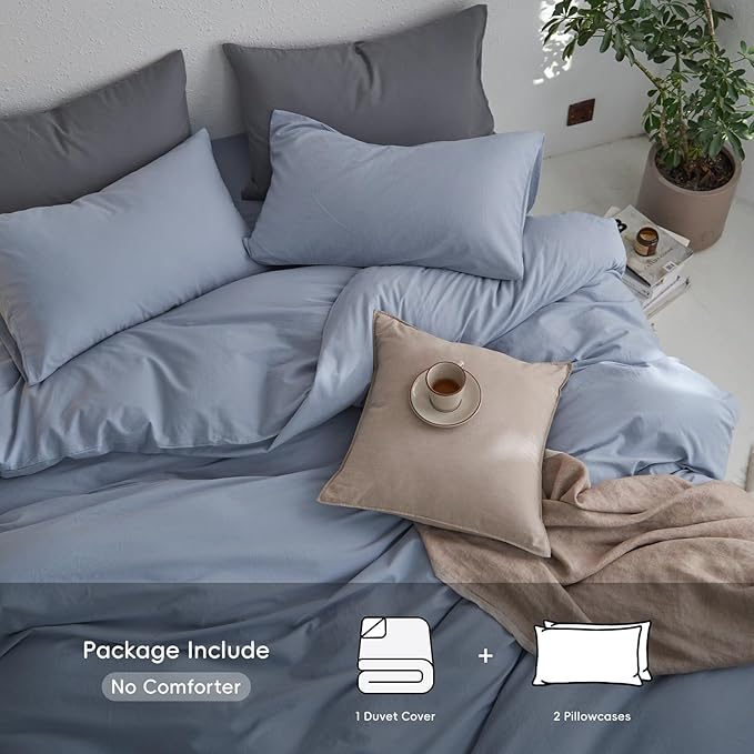 MooMee Queen Duvet Cover Set, 100% Washed Cotton Linen Like Twill Thick Sturdy Material Super Soft Breathable Durable Bedding for All Season, 3 Pieces (Cornflower Blue, Queen 90"x90")