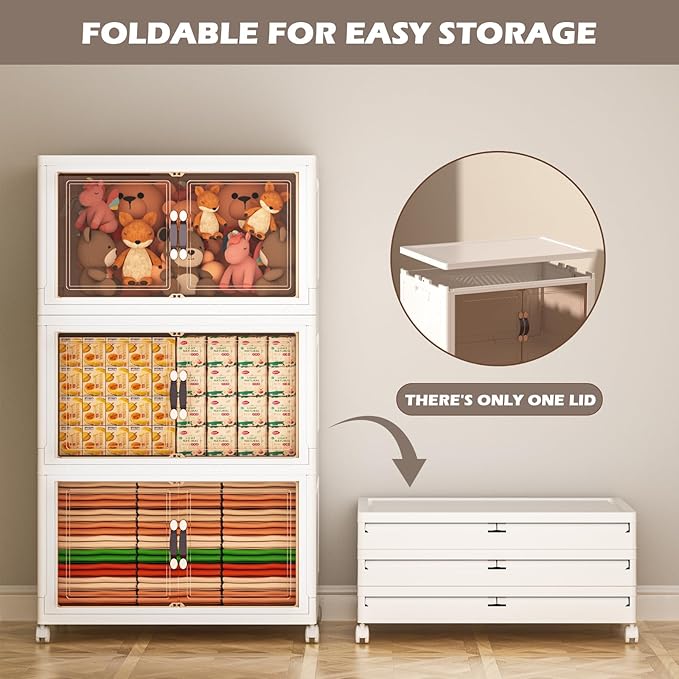 102GAL /408QT Large Collapsible Storage Bins with Lids, Stackable Storage Bins with Doors and Wheels, Closet Organizers and Storages, Plastic Folding Storages Cabinet Home Office Dorm Room