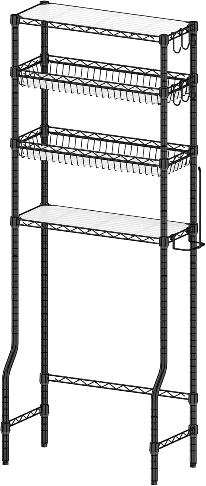 Bathroom Organizer Over The Toilet Storage, 4-Tier Metal Bathroom Over Toilet Storage Shelf Rack Freestanding Space Saver with Adjustable Shelves and Baskets, Black