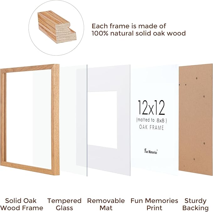 12x12 Picture Frame, Solid Oak Wood 12"x12" Photo Frame for Wall, 12 x 12 Frame Matted to 8 x 8, Square 12x12 Frame, Tempered Real Glass, 12 x 12 Collage Gallery Frames - Natural Oak Color, 1 Pack