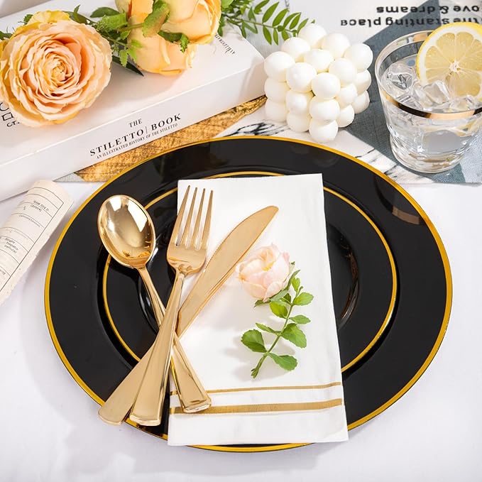 SUT 175 Piece Black and Glod Plastic Dinnerware Set for 25 Guests, Disposable Plastic Plates, Include: 25 Dinner Plates, 25 Dessert Plates, 25 Pre Rolled Napkins with Silver Silverware, 25 Cups