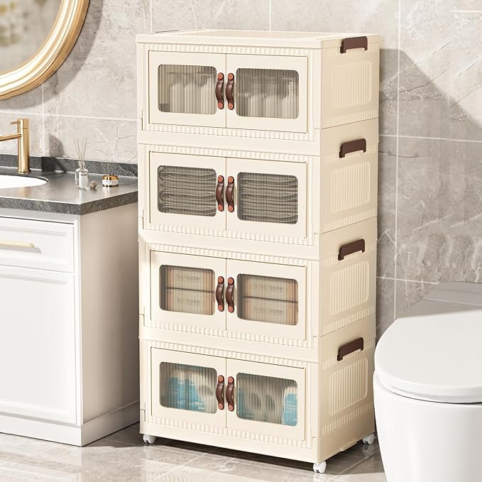 Stackable Storage Bins, Folding Storage Bins with Lids and Doors, Open Front Folding Storage Box with Wheels Plastic Storage Containers (5 Tier (Side Windows Not Visible), 30 Qt)