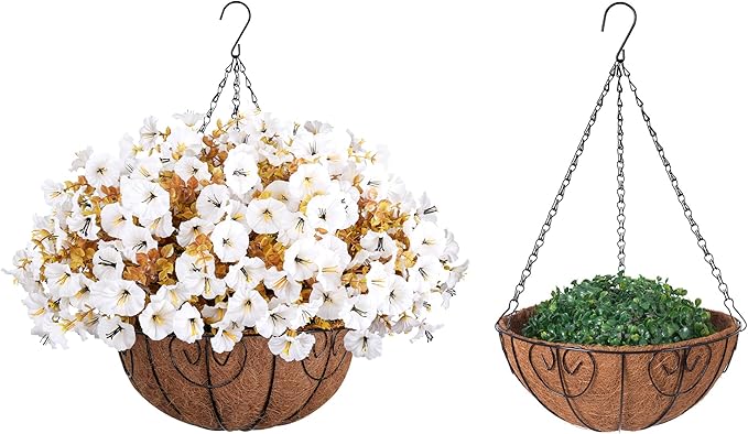 Artificial Fall Hanging Flowers in Basket, 12 Bundles Faux Silk Morning Glory Plants Realistic UV Resistant Fake Outdoor Flower for Planters Home Decor Outside Garden Yard Patio, Fall White