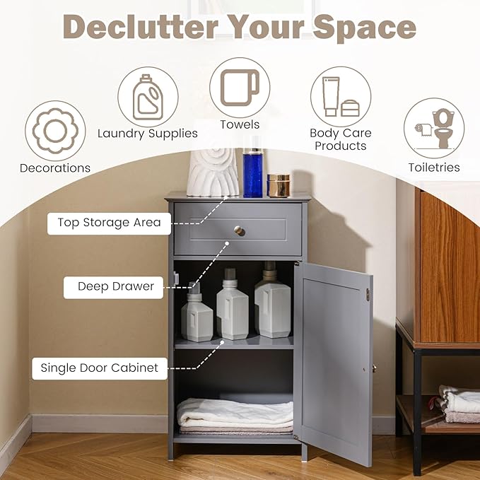Tangkula Small Bathroom Cabinet for Small Spaces, Freestanding Single Door Storage with Adjustable Shelf, Anti-Tipping Device, Smooth Drawer, Floor Cabinet for Bathroom & Living Room (Gray)