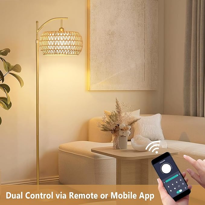 Gold Floor Lamp for Living Room with 3 Color Temperatures,Arc Boho Floor Lamps with Remote Control, Rattan Standing Lamp with Wicker Lamp Shades Dimmable Tall Floor Lamp For Bedroom Living Room Corner