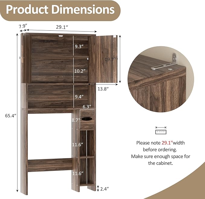 Meilocar Bathroom Over ToiletStorage Cabinet with Toilet Paper Holder Stand, Freestanding Bathroom Storage Organizer Cabinet Space Saver W/Adjustable Shelf, Walnut