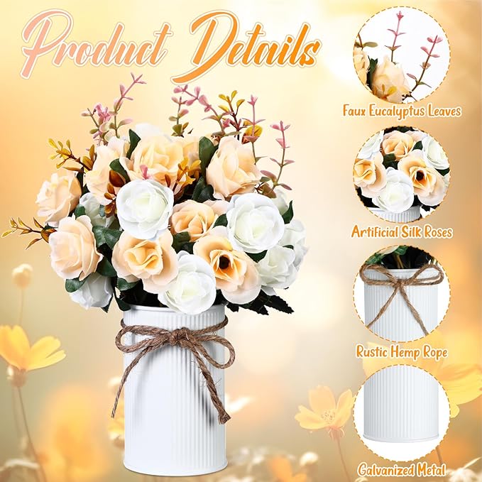 Domensi 6 Sets Wedding Centerpiece for Table Artificial Rose with Vase Fake Bouquets and Metal Pot Floral Arrangements for Holiday Party Event Table Decor (Champagne)