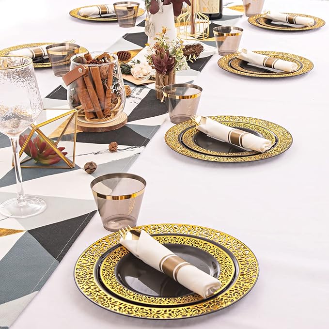 NOCCUR 210pcs Black and Gold Dinnerware Set - Black Disposable Plates and Napkins Party Supplies Include 60 Dinner/Dessert Plates, 30 Prerolled Plastic Cutlery&30 Cups for Party, Birthday, Halloween