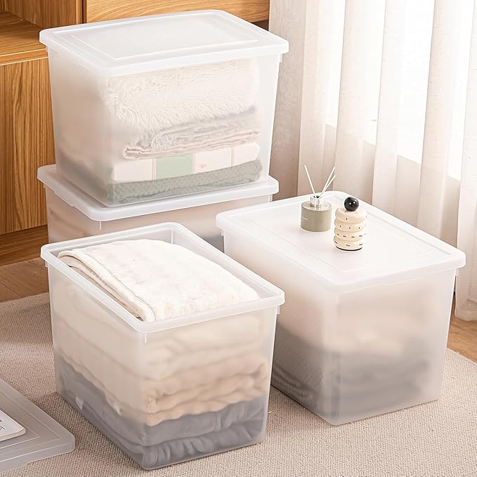 Stackable Plastic Storage Bins with Lids,Container to Organize Shoes and Crafts on Closet Shelves,Garage, Totes, Tubs Boxes Organizing 4 Pack (N-4XXL)