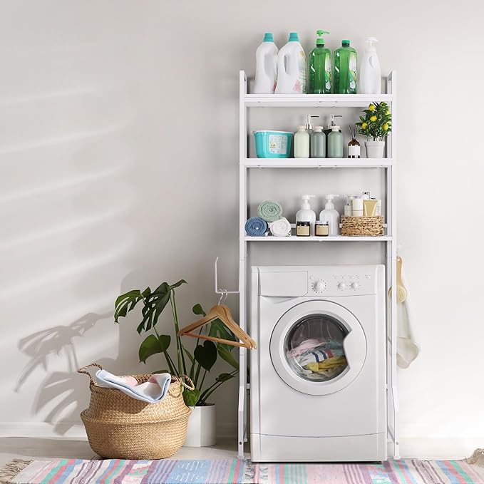 Over The Toilet Storage Rack 3 Tier Over Toilet Bathroom Organizer Wooden Behind The Toilet Storage Standing Shelf with 4 Hooks and Toilet Paper Holder, Space Saver, White
