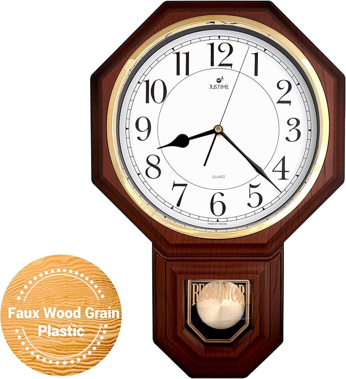 JUSTIME Traditional Schoolhouse Easy to Read Regulator Wall Clock, Chiming Wall Clocks with Pendulum & Westminster Chime Hourly, Schoolhouse Wall Decor Battery Operated (Dark Wood Grain)