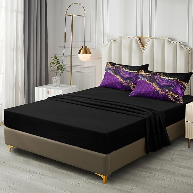 Gold Comforter Set 8 Pcs Purple Marble Bedding Set King Size Bed in A Bag Purple and Black Marble Stone Texture Abstract Room Decor Bed Comforter
