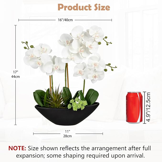 Briful Orchid Fake Flowers 17in White Artificial Orchid Silk Flowers in Black Pot Faux Orchid Arrangement for Home Office Bathroom Dining Table Modern Decoration