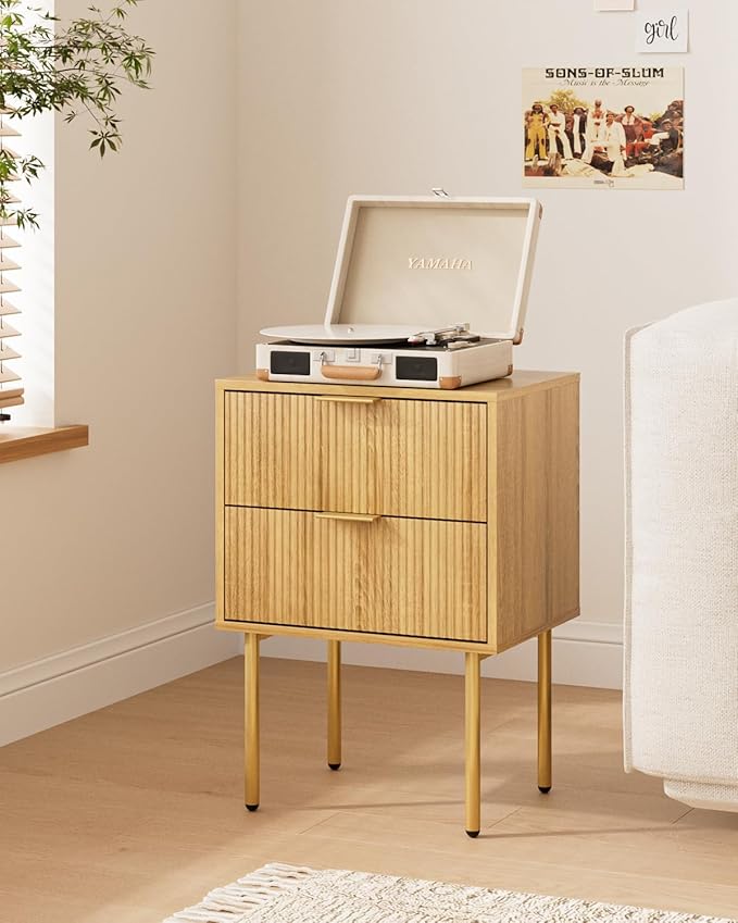 Nightstand,Morden Bedside Table with Gold Frame,Small White Night Stand,End Table,Bedside Furniture,Side Table with Drawer and Shelf for Bedroom,Living Room (2Drawers, Oak)