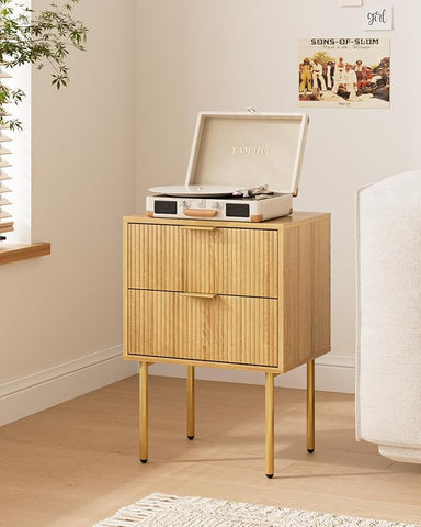 Nightstand,Morden Bedside Table with Gold Frame,Small White Night Stand,End Table,Bedside Furniture,Side Table with Drawer and Shelf for Bedroom,Living Room (2Drawers, Oak)
