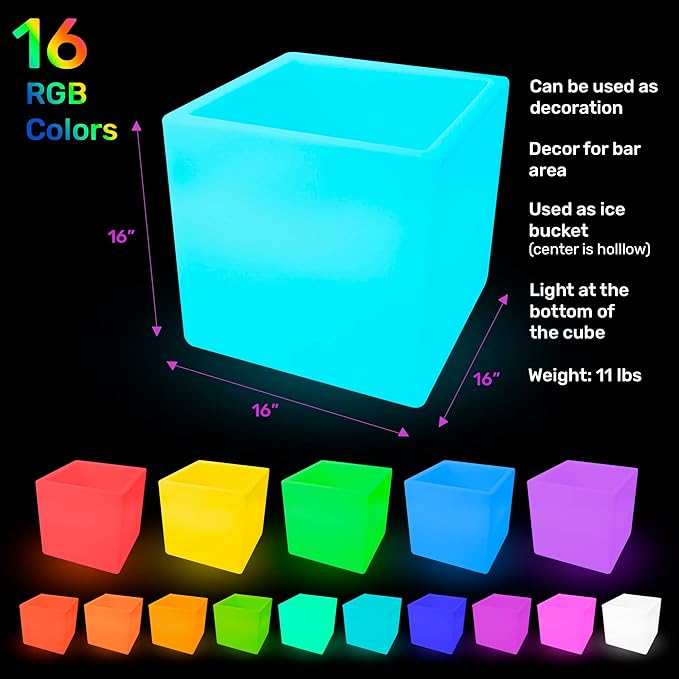 16-Inch LED Storage Cube Decorative Glow Furniture Waterproof Rechargeable RGB Color Changing Ice Bucket Flower Pot Planter w/Remote Party Night Romantic Indoor Outdoor Lighting