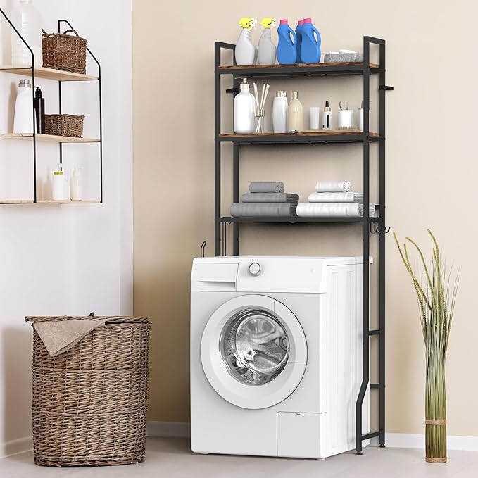 Over The Toilet Storage, Over Toilet Bathroom Organizer 3 Tier, Above Toilet Storage Rack for Bathroom Freestanding Bathroom Space Saver with Metal Frame and 4 Hooks for Laundry, Brown
