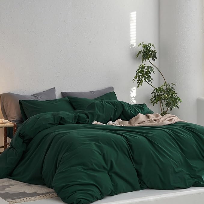 MooMee Queen Duvet Cover Set, 100% Washed Cotton Linen Like Twill Thick Sturdy Material Super Soft Breathable Durable Bedding for All Season, 3 Pieces (Forest Green, Queen 90"x90")