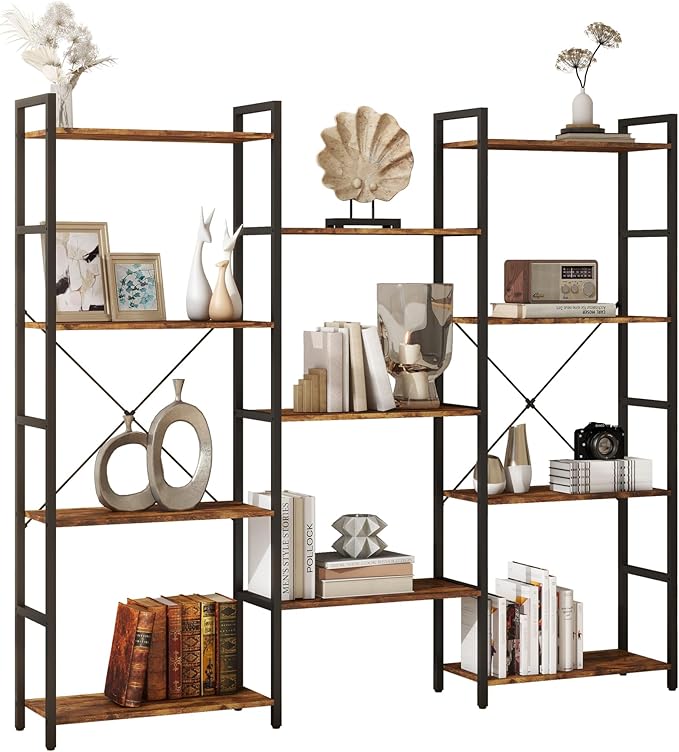 Panana Triple 4/5/6 Tier Bookshelf, Industrial Bookcase with 11/14/17 Open Display Shelves Wide Book Shelf Book Case with Metal Frame for Living Room Home Office (Brown, 4 Tier)