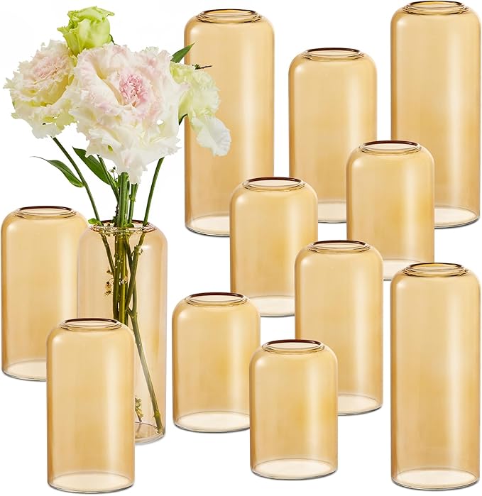 12Pcs Glass Bud Vases Set, Small Flower Vase for Centerpieces, Small Vases for Flowers, Decor Centerpiece for Bathroom, Decorative Vases for House Warming (Amber)