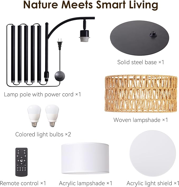 Bohemian Rattan Floor Lamp for Living Room - Black Arc Design, 12W LED (1 in use + 1 Spare), Remote & Dimmable 3 - Color Temp, Tall Standing Lamp
