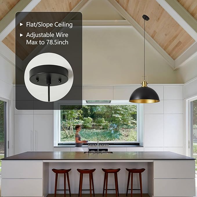 12 Inch Farmhouse Pendant Lights for Kitchen Island, Industrial Dome Pendant Lighting, Matte Black and Gold Handle, Adjustable Height, Vintage Hanging Light Fixtures for Barn, Dining Room