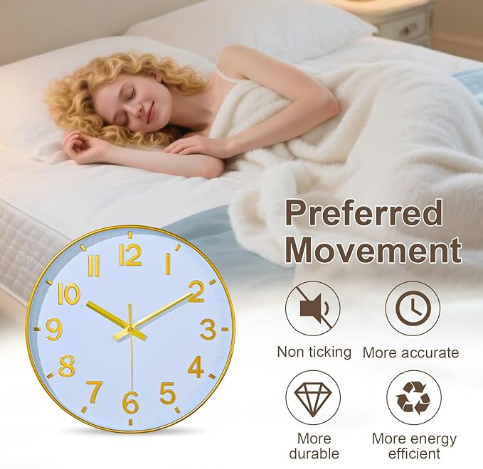 Gold Wall Clocks Battery Operated, 12 Inch Non Ticking Digital Wall Clock, Silent Analog Clock for Bedroom Living Room Kitchen Office Gym Classroom, Large Number Clocks for Seniors Elderly