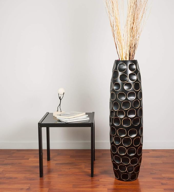 Leewadee Large Black Home Decor Floor Vase – Wooden 41 inches Tall Farmhouse Decor Flower Holder for Fake Plant and Pampas Grass