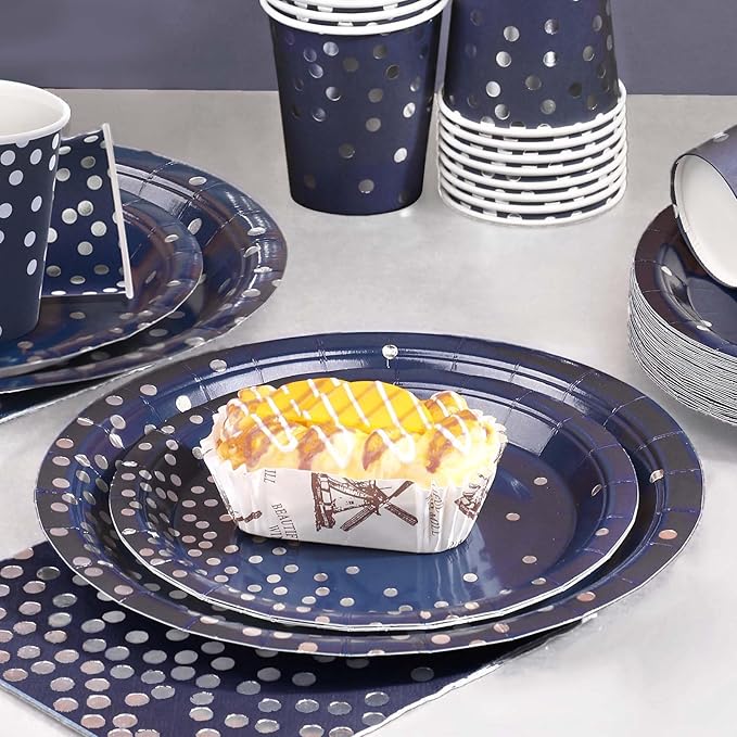 Gudvilla350 PCS Navy Blue Plates and Napkins Party Supplies,Navy Blue Paper Plates with Plastic Silverware Serve 50 Guests,Blue and Silver Birthday Plates Disposable for Wedding Retirement Decorations