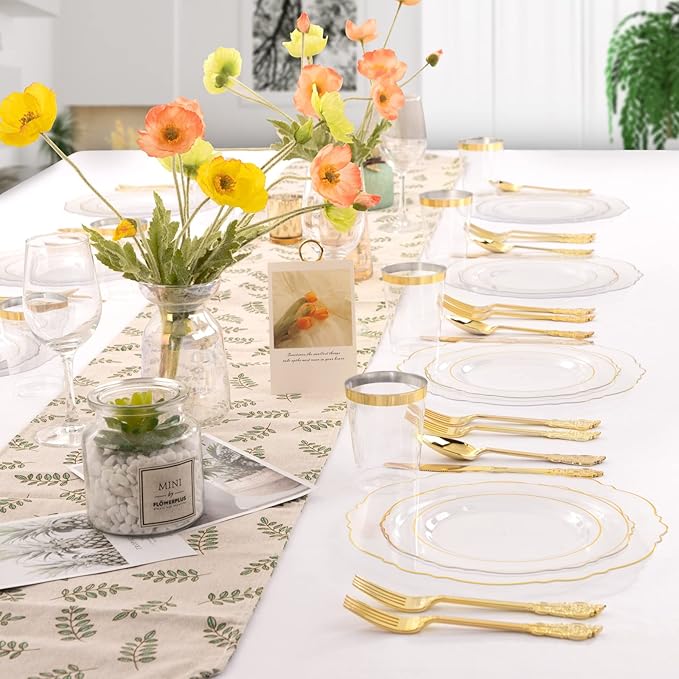 WDF 100pcs Clear Disposable Plastic Plates With Gold Trim - Baroque Clear Gold for Parties or Wedding or Father's Day - including 50PCS Dinner Plates 10.25inch and 50PCS Salad Plates 7.5inch