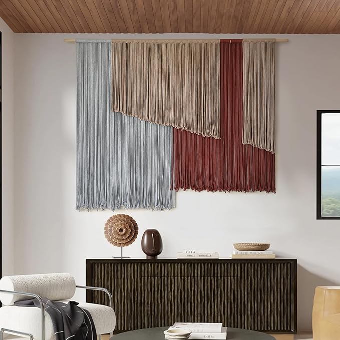 Macrame Wall Hanging Large 57" Wx43 L Fiber Wall Art Modern Yarn Boho Wall Decor for Headboard Living Room Gallery Couch Bedroom Decor